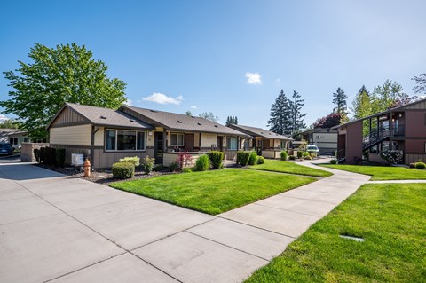 a row of houses in a neighborhood with a sidewalk
