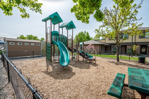 our apartments have a playground with a playset and picnic tables