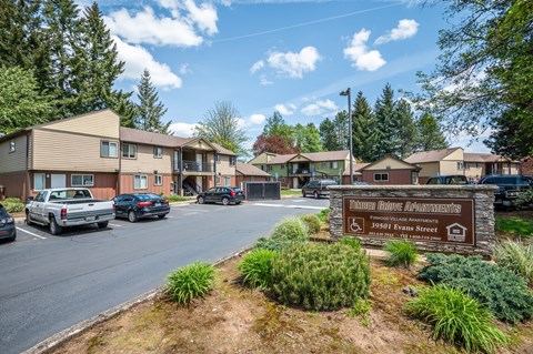 our sign and parking lot at the entrance to our apartments