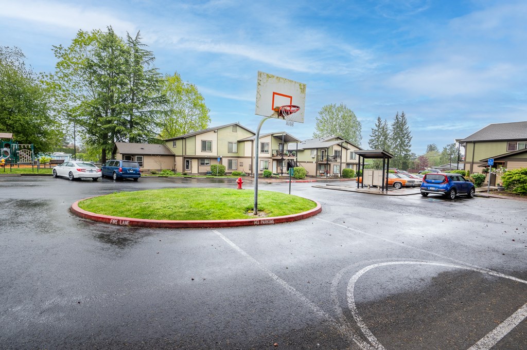 a basketball hoop in the middle of a parking lot