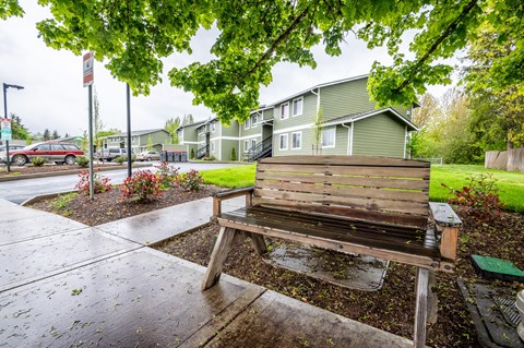 a wooden bench sitting under a tree in front of some houses
