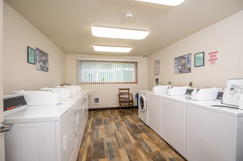 a laundry room with washes and dryers and a window and a chair