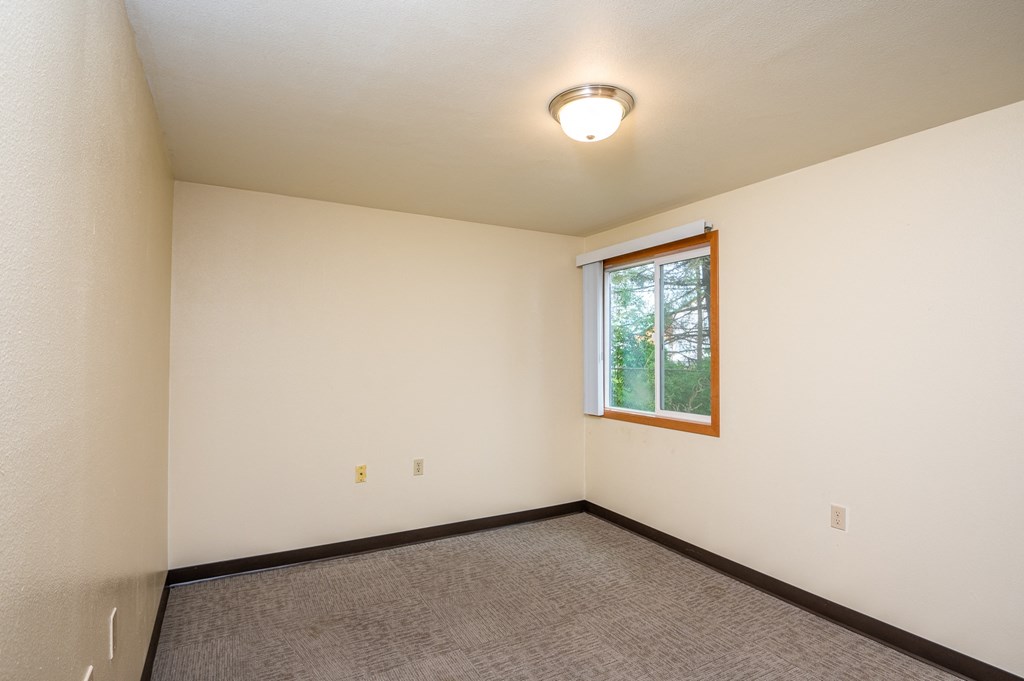 an empty living room with a window and carpet