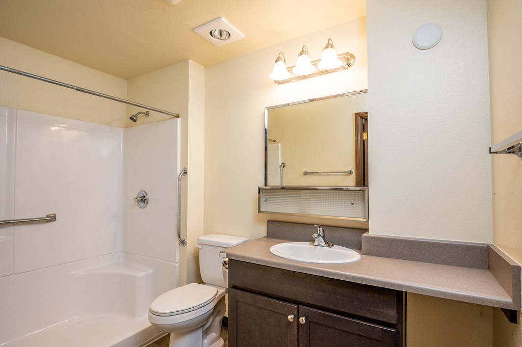 the preserve at ballantyne commons apartment bathroom with sink toilet and shower