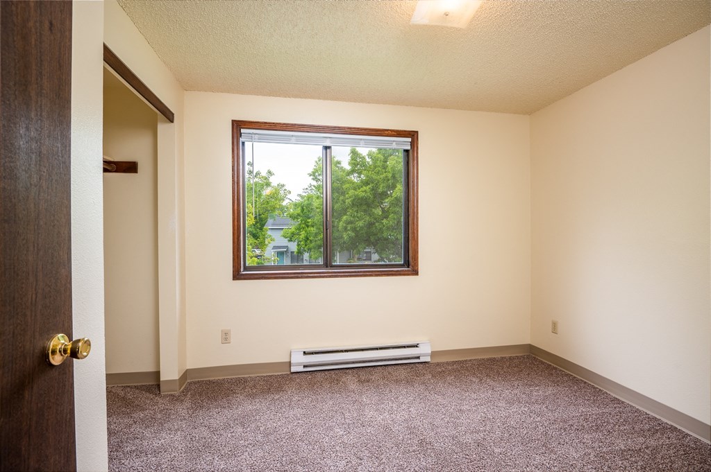 an empty room with a window and a carpeted floor