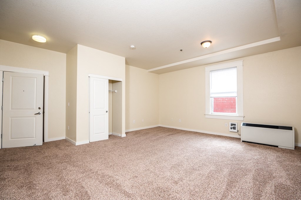 an empty living room with carpet and a window
