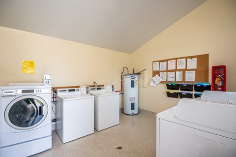 a laundry room with washers and dryers and a row of washing machines