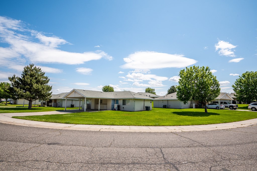 a row of houses in a neighborhood with green grass and trees