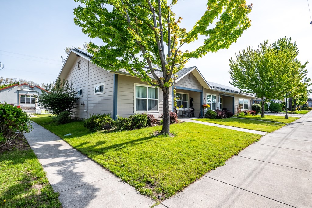 a house with a lawn and trees in front of it