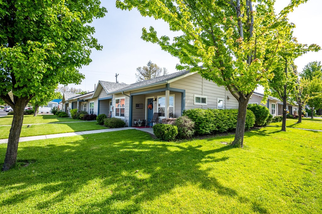 a row of houses with lawns and trees