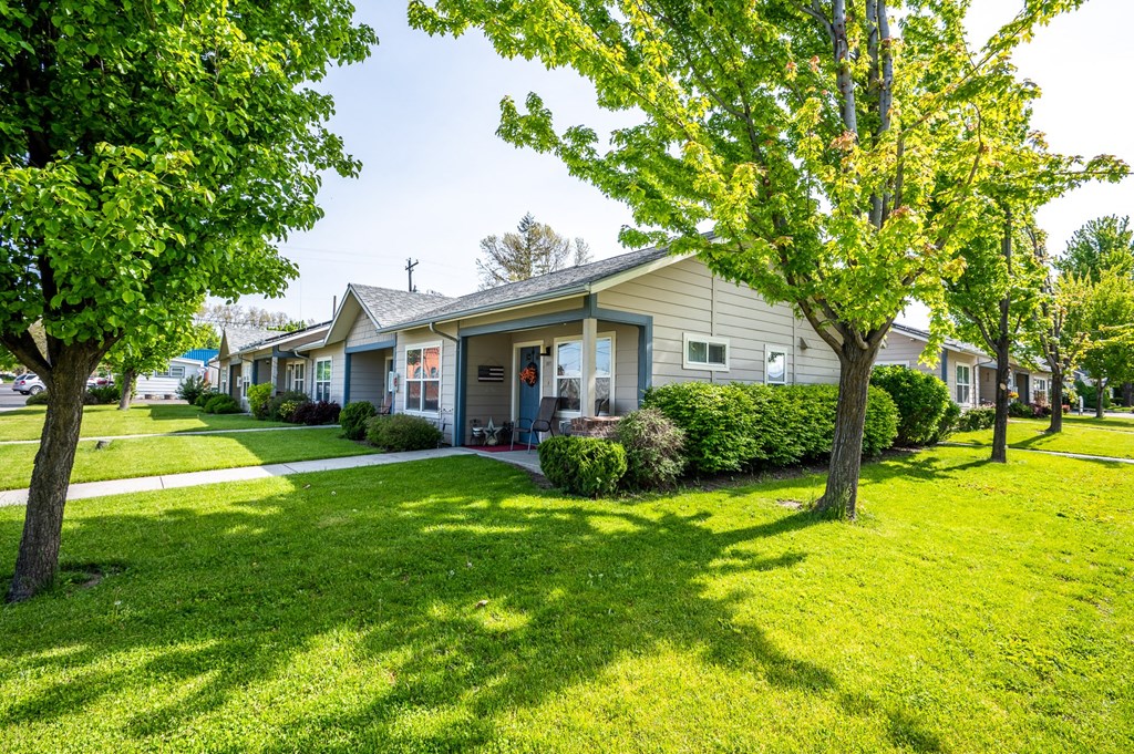 a row of houses with lawns and trees