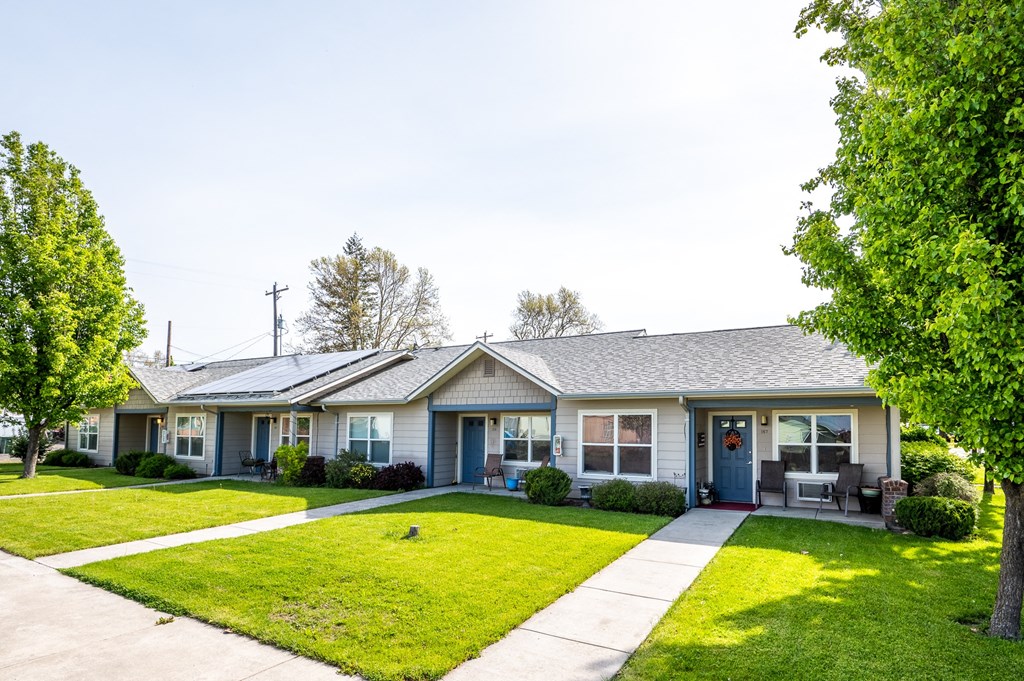 a house with a lawn and a sidewalk in front of it