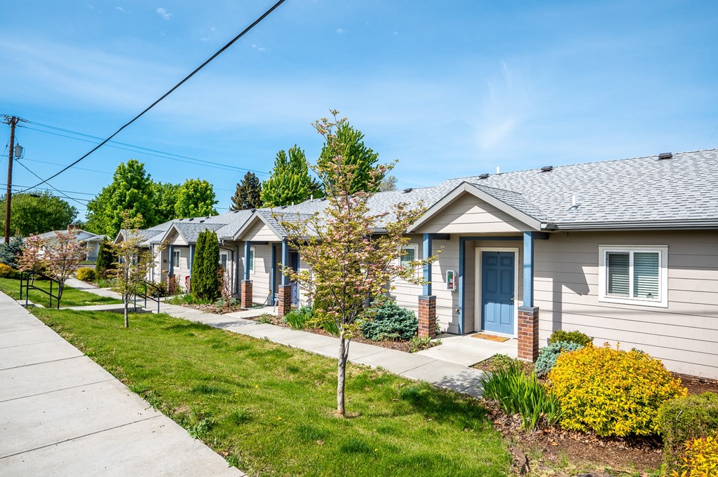 a row of houses in a neighborhood with a sidewalk