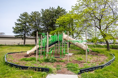 a playground with a slide in a park