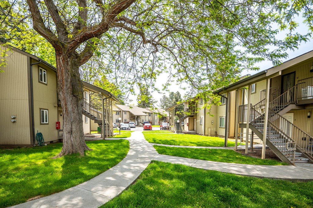 a pathway between two buildings with trees and green grass