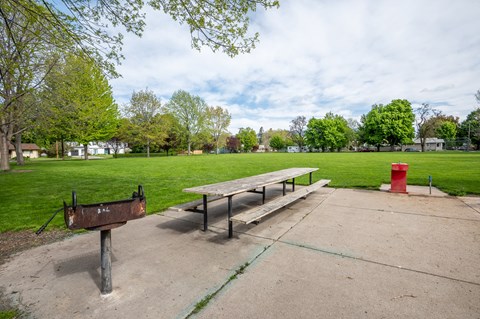a picnic table in a park with a fire hydrant