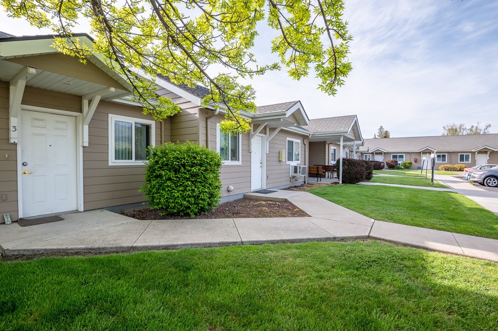 a sidewalk in front of a row of houses