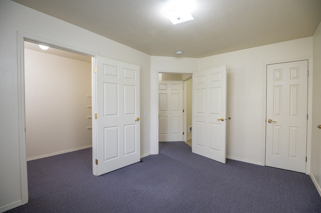 an empty room with three doors and a purple carpet