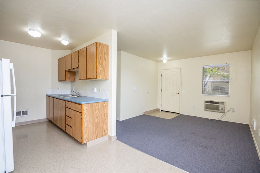 an empty kitchen and living room with a refrigerator and sink