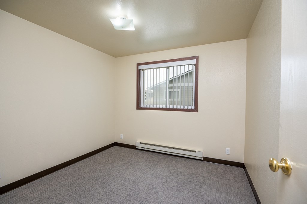 an empty living room with a window and a carpet