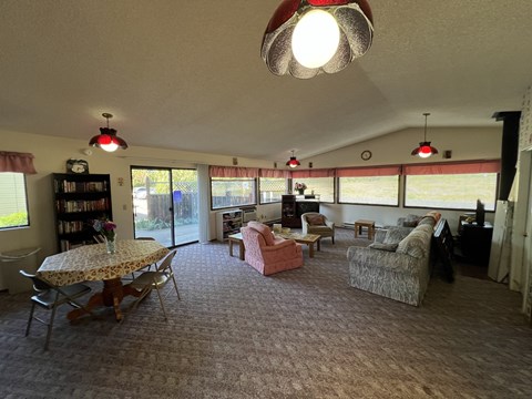 A living room with a carpeted floor and a large window.