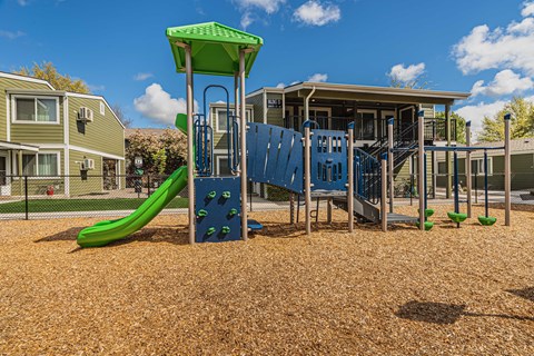 A playground with a green slide and a blue climbing frame.