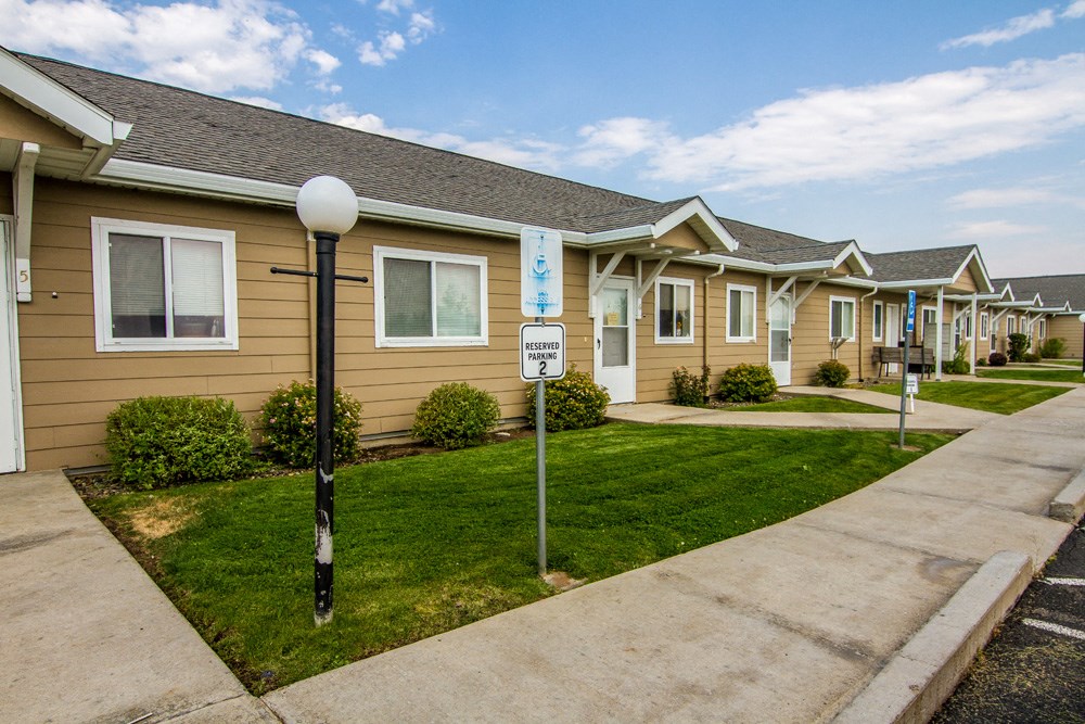 a row of houses in a neighborhood with a sidewalk and lawn