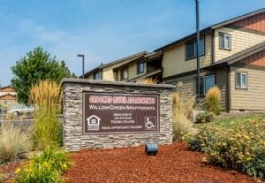 a building with a sign in front of it