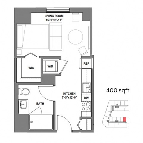 a floor plan of a small apartment with a bedroom and a living room