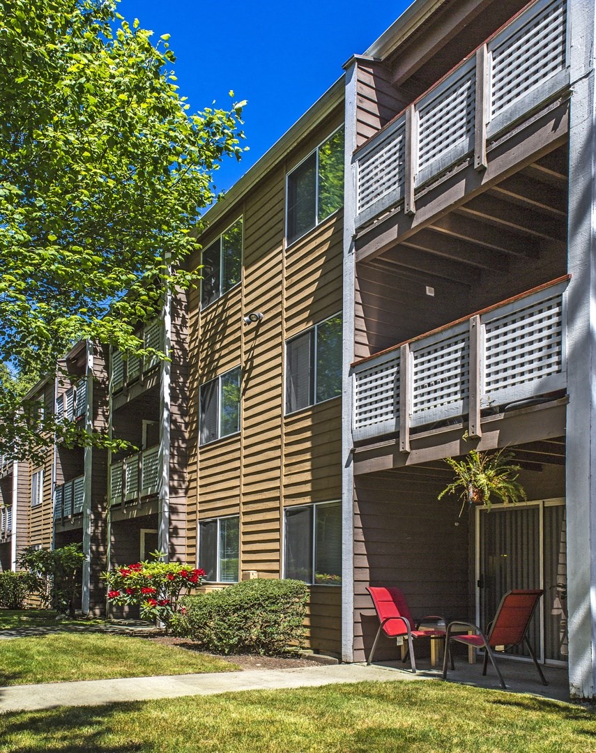 our apartments have a spacious courtyard with a patio and chairs