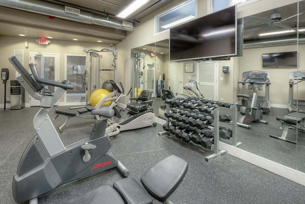 a gym with weights and cardio equipment and a tv