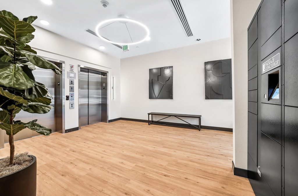 A room with a wooden floor, a potted plant, and two framed pictures on the wall.