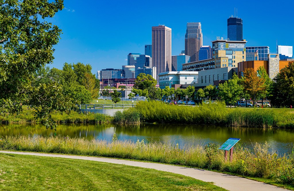 the city is shown in the background of a park with a river