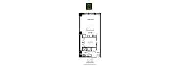 A floor plan for a 2nd story loft with a living room, kitchen, bedroom, bathroom and entry.