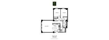 A black and white image of a floor plan for a two bedroom, one bathroom apartment.
