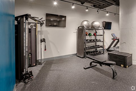 A gym with a weight rack, a bench, and a row of dumbbells.