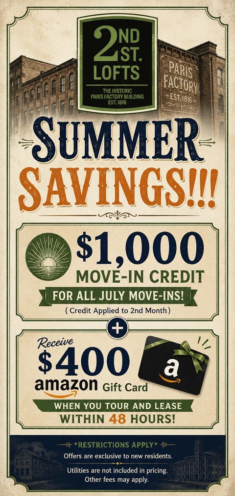 A promotional image for 2nd St. Lofts advertising summer savings, move-in credit, and an Amazon gift card offer.