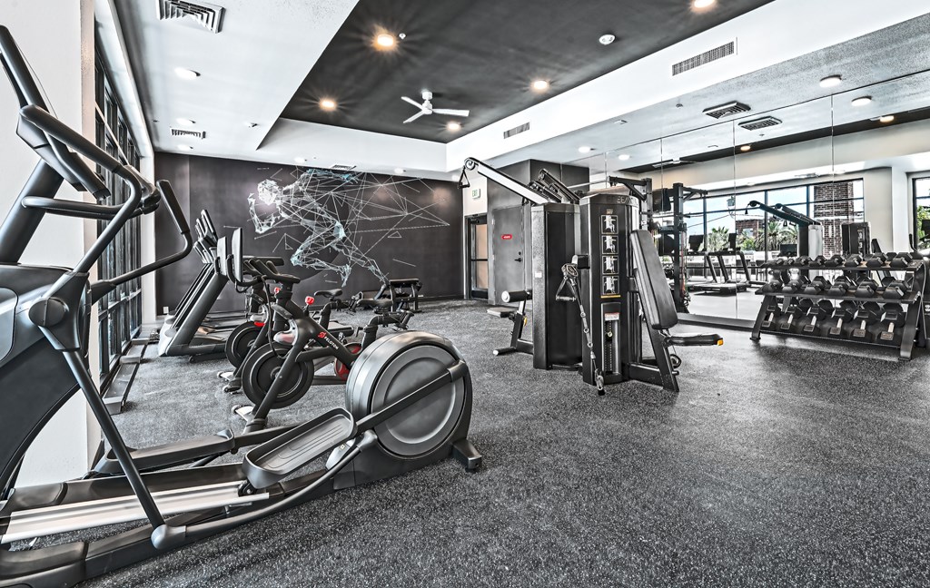 A gym with treadmills, elliptical machines, and other exercise equipment.