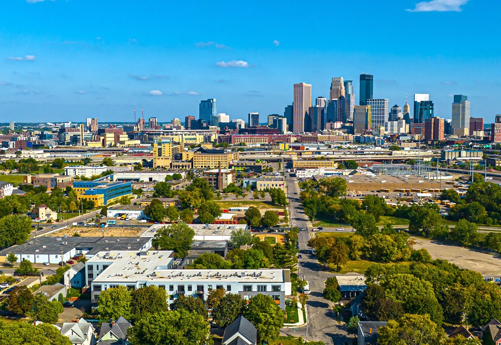 an aerial view of the city with skyscrapers in the background