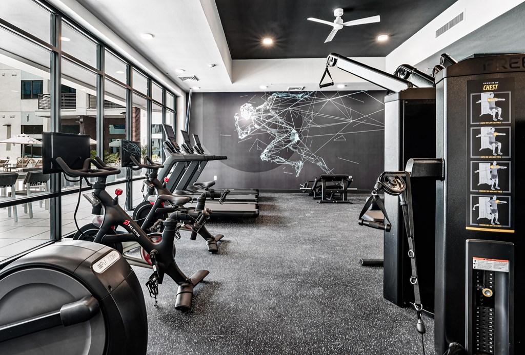 A gym with a variety of exercise equipment including treadmills, stationary bikes, and weight machines.