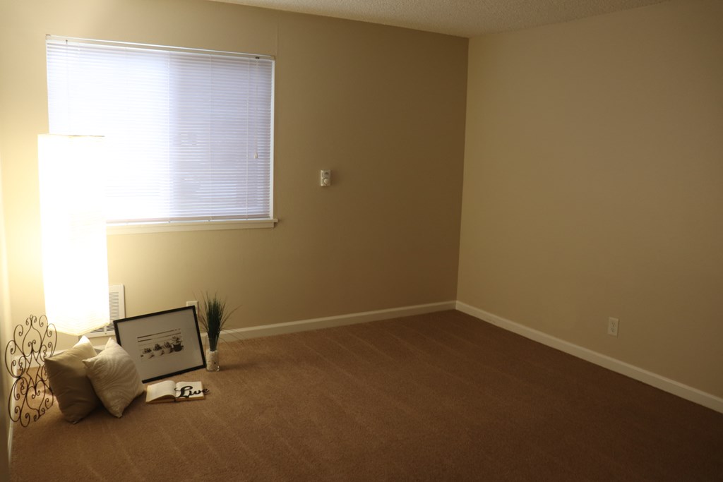 a living room with a window and a carpeted floor