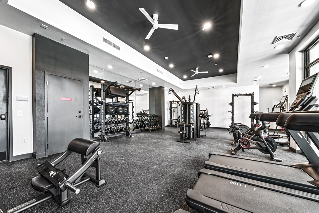 A gym with treadmills, weights, and exercise equipment.