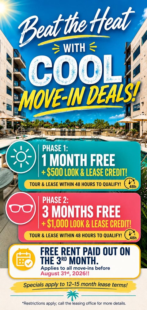 A promotional image for a move-in deal offering a free first month and up to $1,000 in credit.