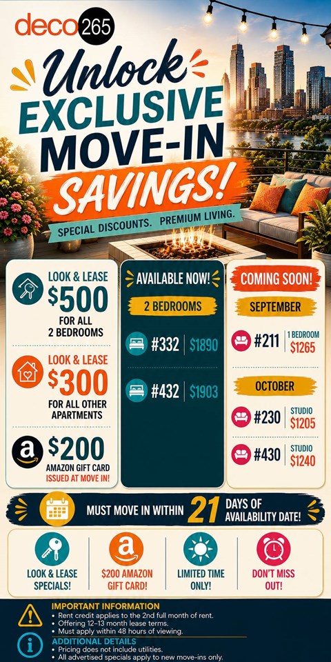 A promotional image for Deco 265 offering exclusive move-in savings.