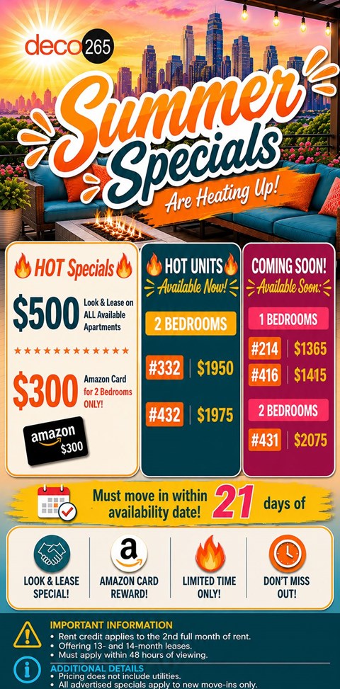 A flyer advertises summer specials for a place called deco 265, including hot units and a look and lease option.