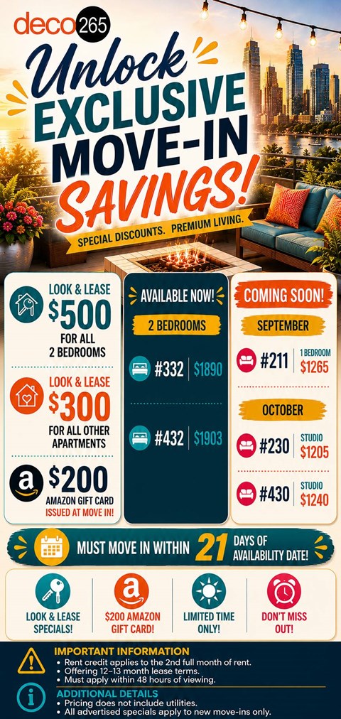 A promotional flyer for Deco 265 advertising exclusive move-in savings.