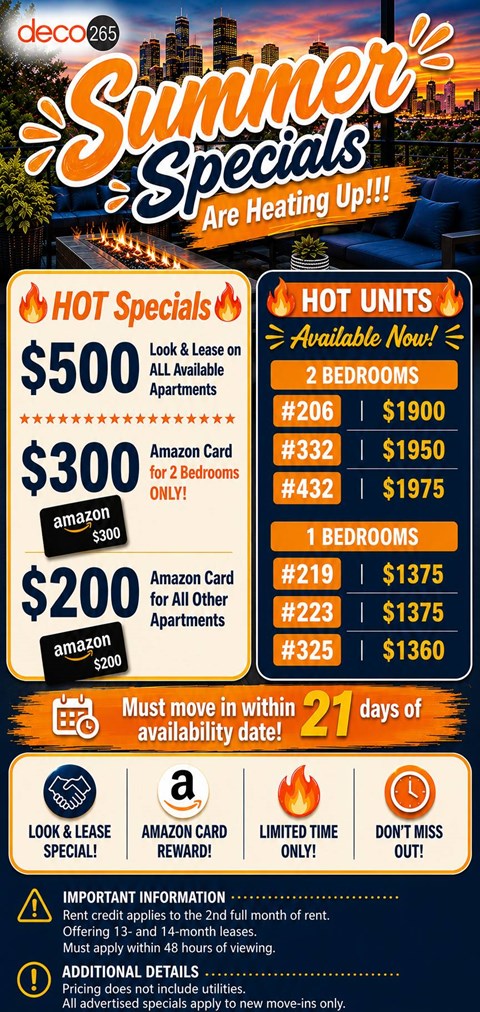 A flyer advertises summer specials with various deals on apartments and units.
