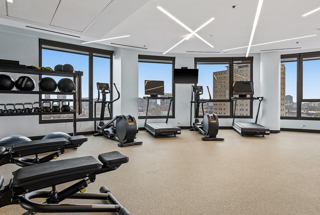 A gym with treadmills, elliptical machines, and weights.