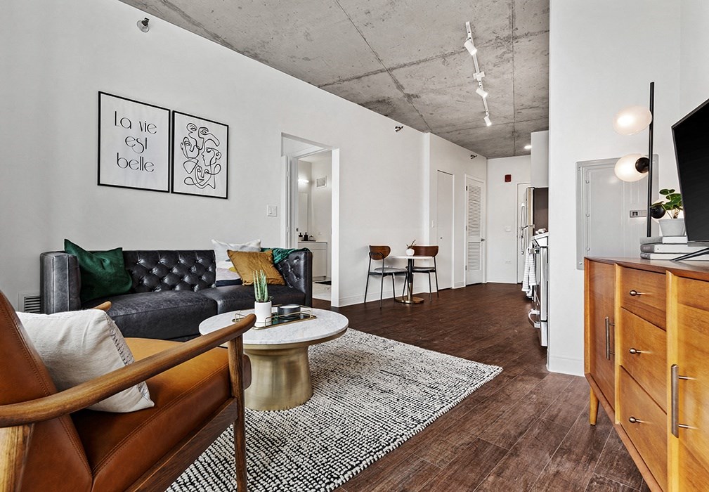 a living room with a couch and a coffee table