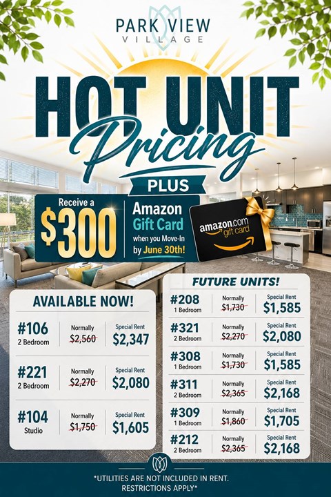 A promotional image for Park View Village advertising a $300 Amazon gift card giveaway for a special rent offer.